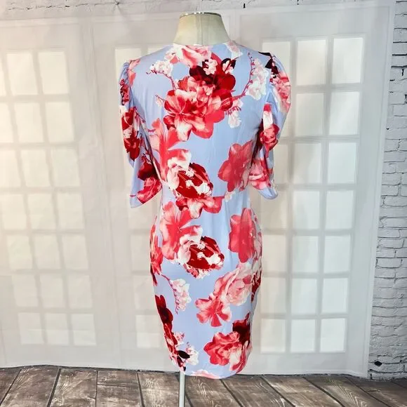 Venus light blue floral short puff sleeve grommet cutout waist summer party dres - Picture 7 of 13